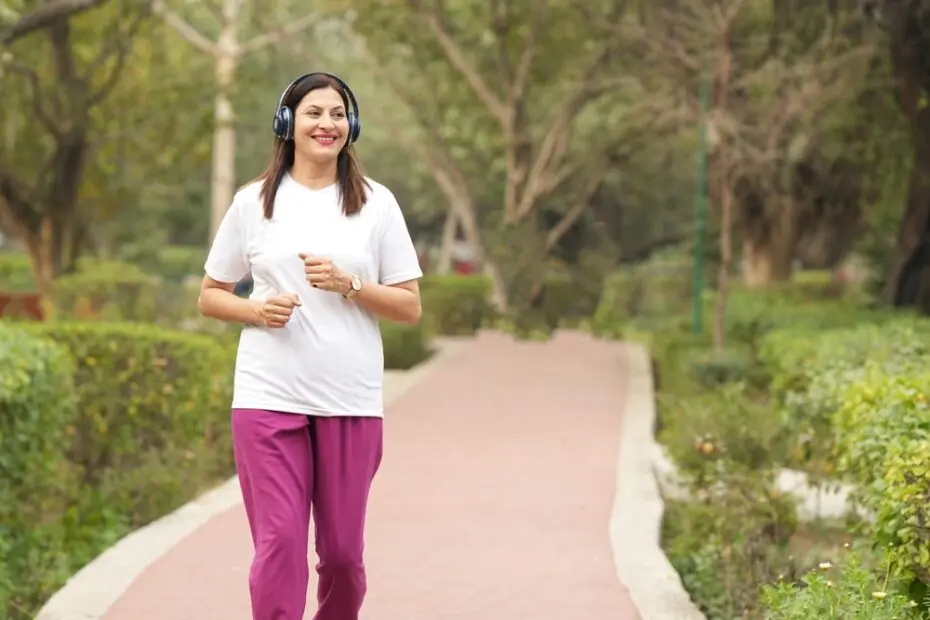 woman walking, smiling.